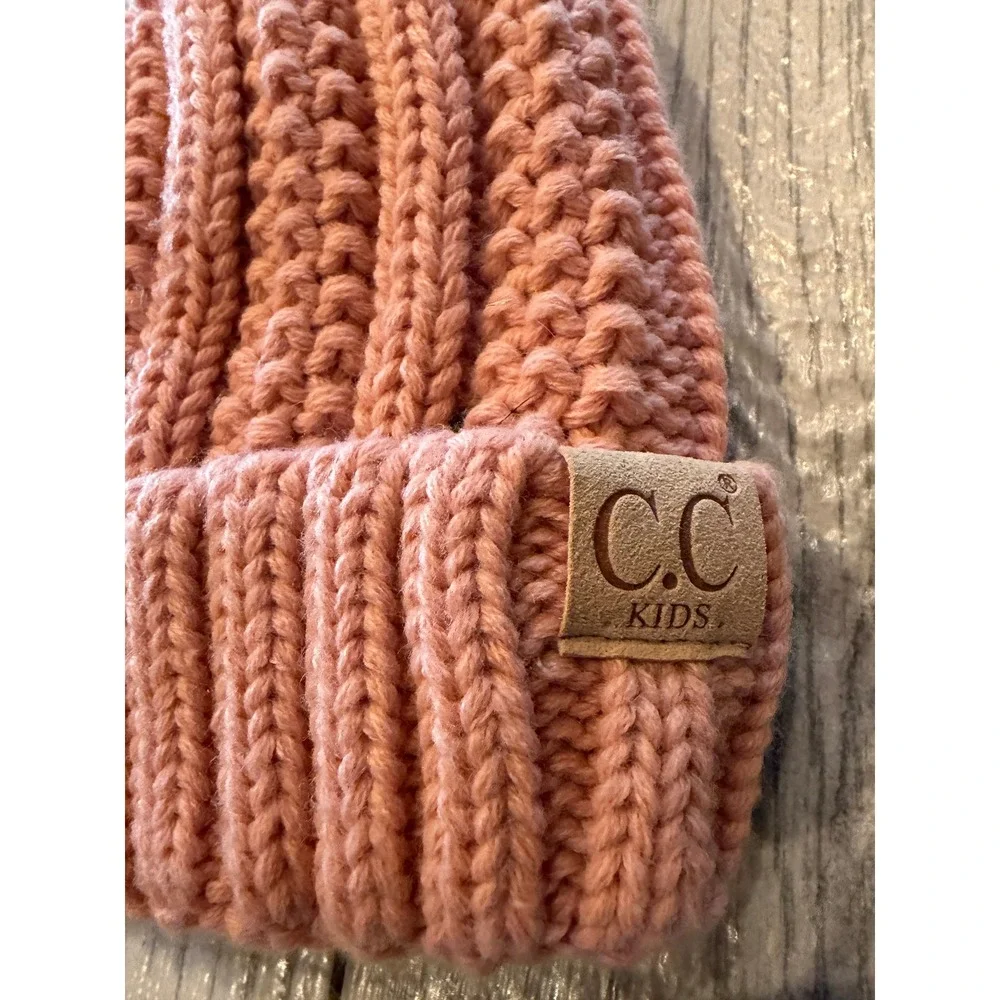 C.C Kids Beanie Hat One Size Cable Knit Faux Fur Pom Winter Girls Sherpa Lined
